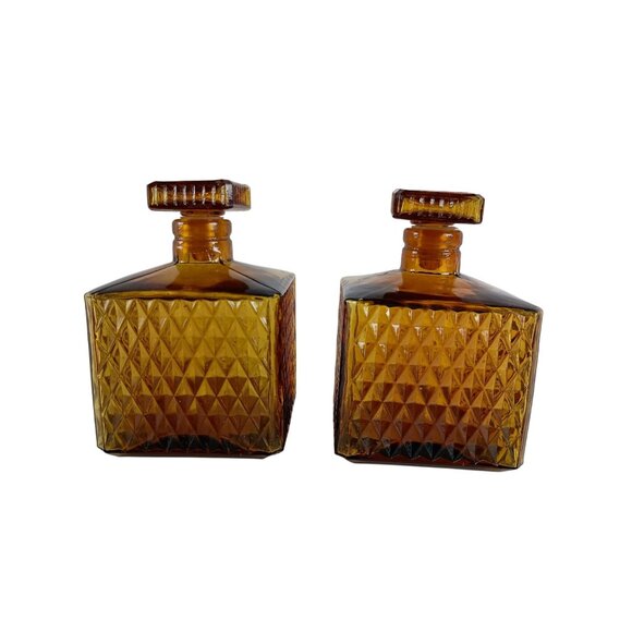 Indiana Glass Amber Square Diamond Point Pair Of Decanters Vintage Barware - Picture 4 of 8